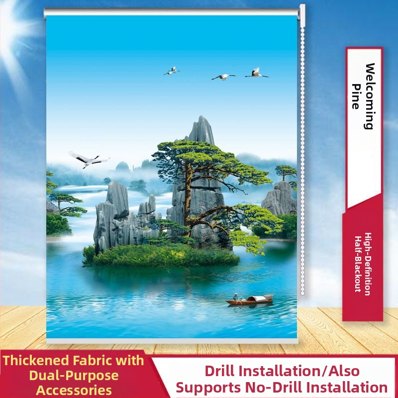 Ruloninė užuolaida, montavimas be gręžimo, stori audinys su peizažo spaudu svetainei