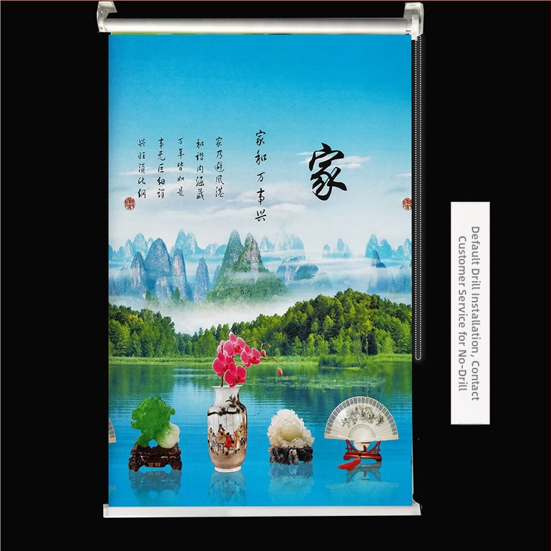 Ruloninė užuolaida, montavimas be gręžimo, stori audinys su peizažo spaudu svetainei