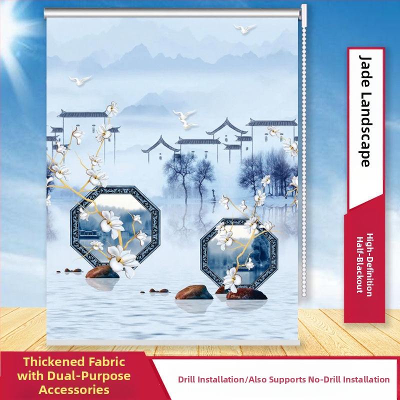 Ruloninė užuolaida, montavimas be gręžimo, stori audinys su peizažo spaudu svetainei