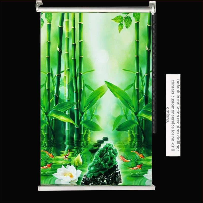 Ruloninė užuolaida, montavimas be gręžimo, stori audinys su peizažo spaudu svetainei