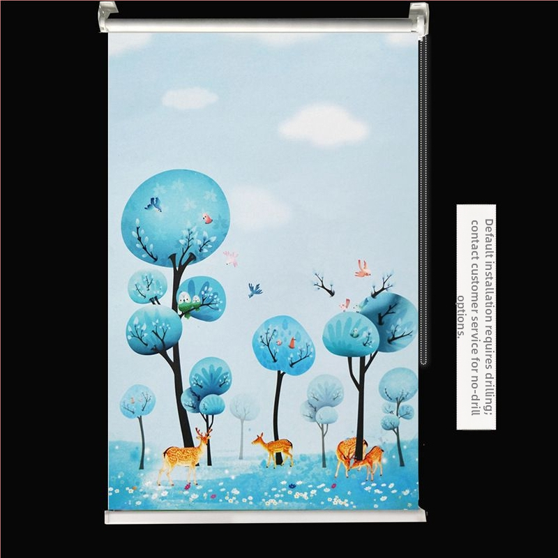 Ruloninė užuolaida, montavimas be gręžimo, stori audinys su peizažo spaudu svetainei