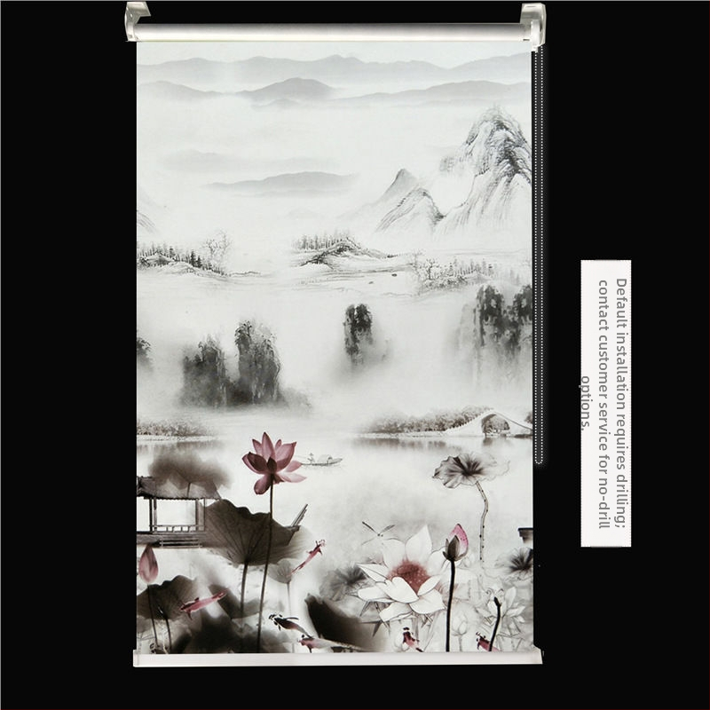 Ruloninė užuolaida, montavimas be gręžimo, stori audinys su peizažo spaudu svetainei