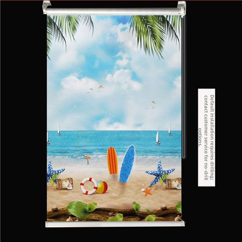 Ruloninė užuolaida, montavimas be gręžimo, stori audinys su peizažo spaudu svetainei