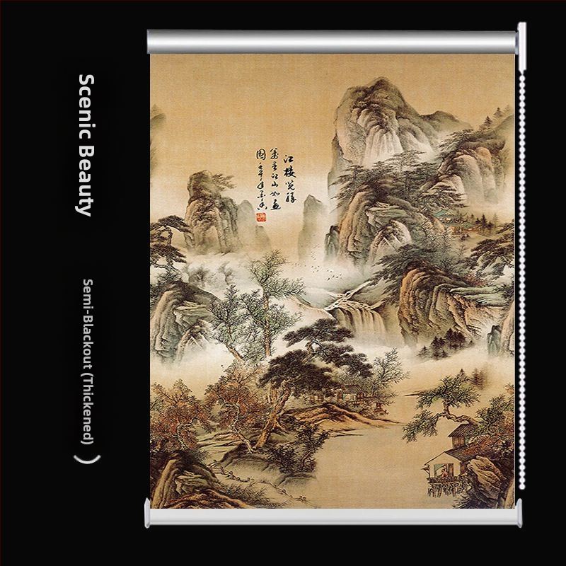 Ruloninė užuolaida, montavimas be gręžimo, stori audinys su peizažo spaudu svetainei