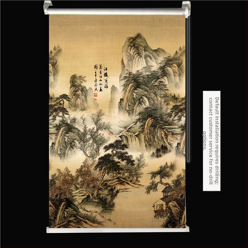 Ruloninė užuolaida, montavimas be gręžimo, stori audinys su peizažo spaudu svetainei