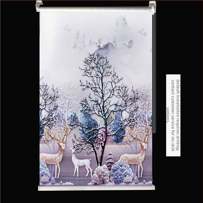 Ruloninė užuolaida, montavimas be gręžimo, stori audinys su peizažo spaudu svetainei