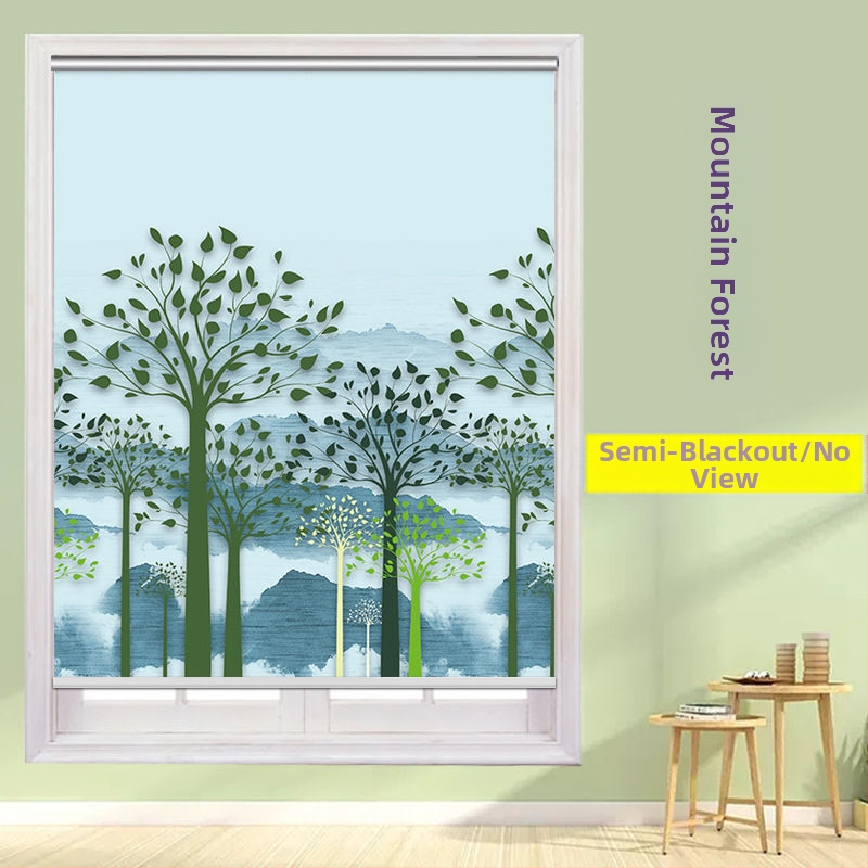 Ruloninė užuolaida, montavimas be gręžimo, stori audinys su peizažo spaudu svetainei