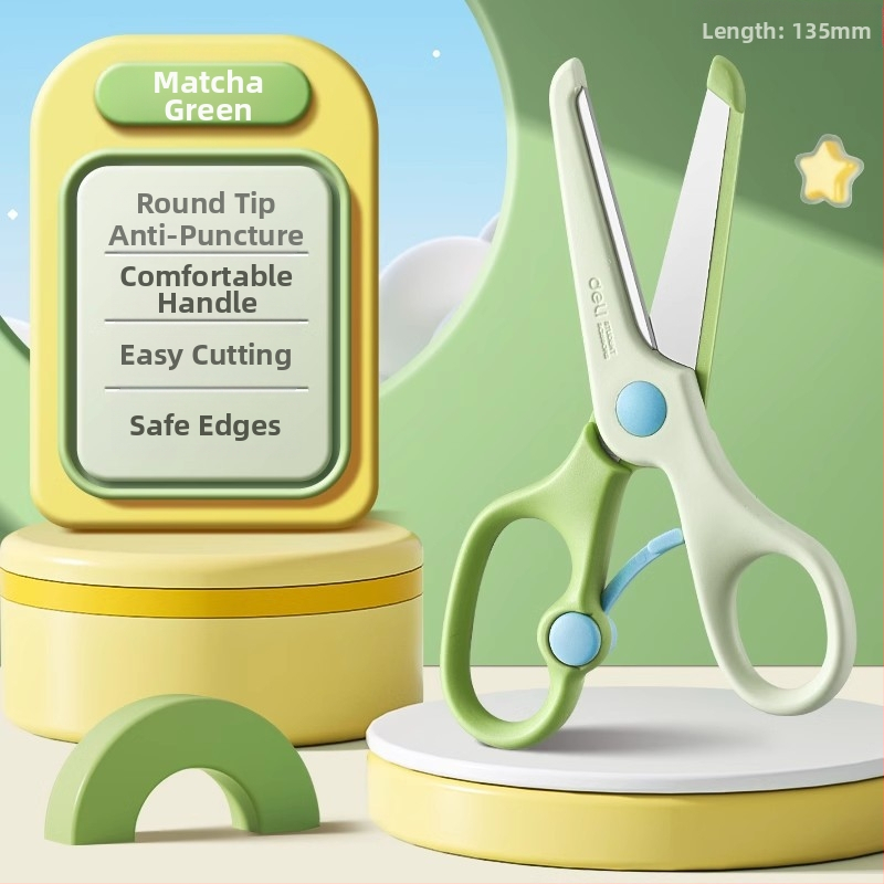 Deli universalaus modelio vaikų popieriaus žirklėms su plastine rankena ir apsauginiu gaubteliu