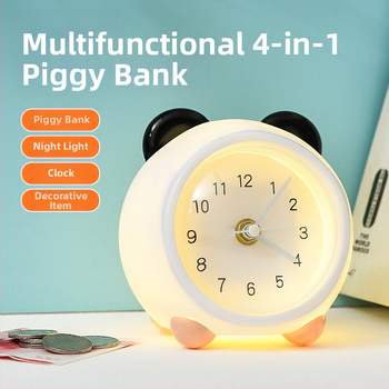 Vaikų stalo laikrodis su taupymo dėžute ir naktiniu apšvietimu, baterijomis maitinamas mechaninis judesys, vienpusis plastikinis korpusas, animacinio stiliaus