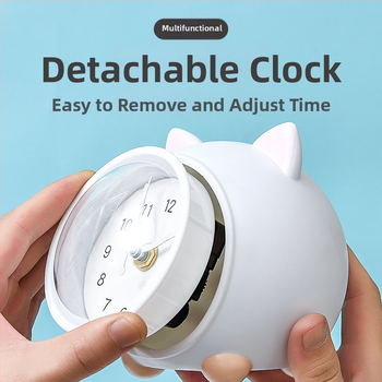 Vaikų stalo laikrodis su taupymo dėžute ir naktiniu apšvietimu, baterijomis maitinamas mechaninis judesys, vienpusis plastikinis korpusas, animacinio stiliaus