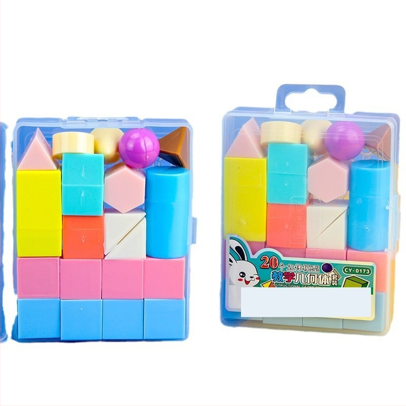 Учебни помагала по геометрия за основното училище: пластмасови геометрични кубчета, 28 комплекта в кутия