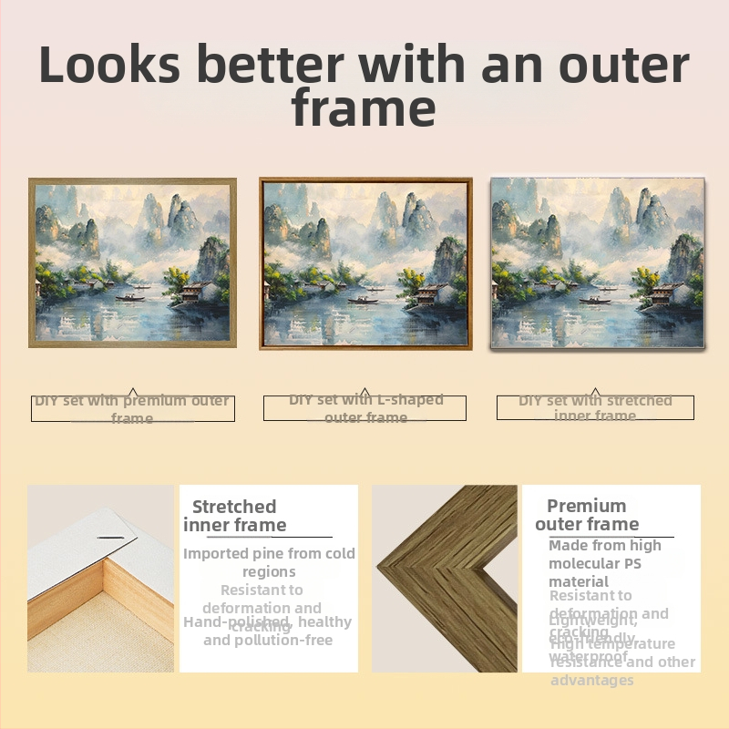 Дигитална маслена картина с китайски пейзаж – DIY ръчно рисувана с акрилни бои, дървена рамка, китайски стил