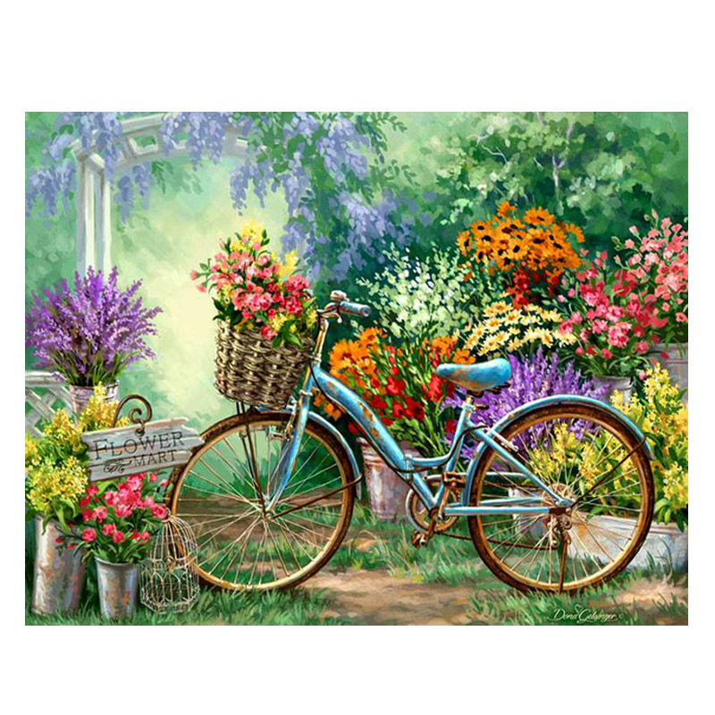 DIY 5D deimantų tapybos rinkinys: apvalūs deimantai, dviračio peizažas, kryžminis siuvinėjimas