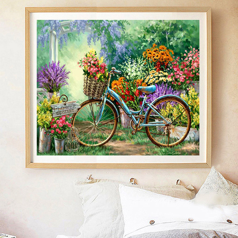 DIY 5D deimantų tapybos rinkinys: apvalūs deimantai, dviračio peizažas, kryžminis siuvinėjimas