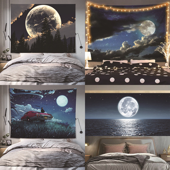 Mėnulio ir žvaigždėtos nakties dizaino sieninis gobelenas, pūkuotas poliesterio audinys, stačiakampio formos, šiuolaikinis minimalistinis stilius, skaitmeninis šilumos pernešimas, tinkamas svetainei ar miegamajam