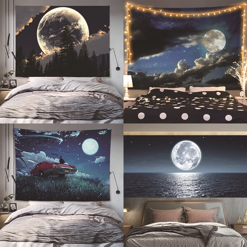 Mėnulio ir žvaigždėtos nakties dizaino sieninis gobelenas, pūkuotas poliesterio audinys, stačiakampio formos, šiuolaikinis minimalistinis stilius, skaitmeninis šilumos pernešimas, tinkamas svetainei ar miegamajam