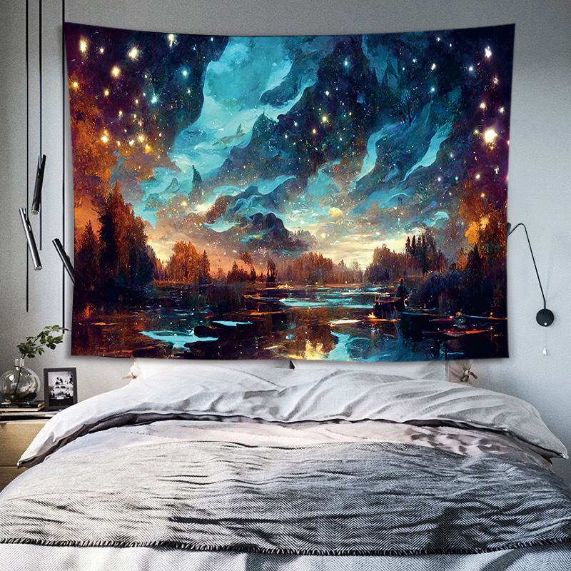 Mėnulio ir žvaigždėtos nakties dizaino sieninis gobelenas, pūkuotas poliesterio audinys, stačiakampio formos, šiuolaikinis minimalistinis stilius, skaitmeninis šilumos pernešimas, tinkamas svetainei ar miegamajam