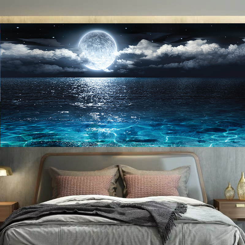 Mėnulio ir žvaigždėtos nakties dizaino sieninis gobelenas, pūkuotas poliesterio audinys, stačiakampio formos, šiuolaikinis minimalistinis stilius, skaitmeninis šilumos pernešimas, tinkamas svetainei ar miegamajam