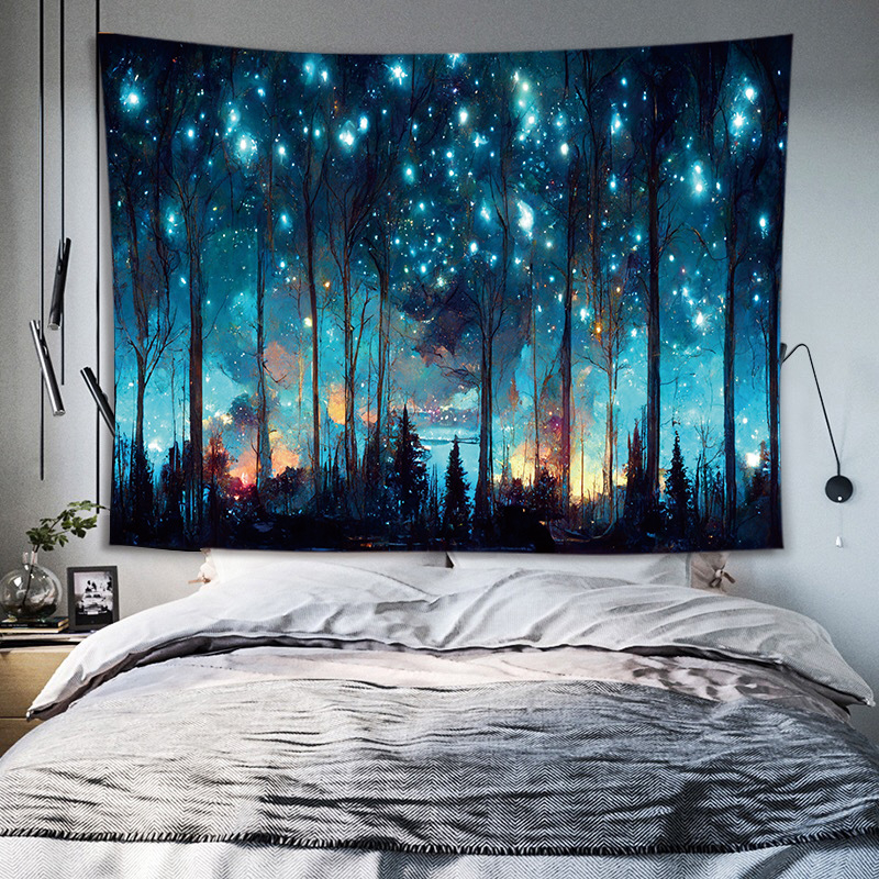 Mėnulio ir žvaigždėtos nakties dizaino sieninis gobelenas, pūkuotas poliesterio audinys, stačiakampio formos, šiuolaikinis minimalistinis stilius, skaitmeninis šilumos pernešimas, tinkamas svetainei ar miegamajam