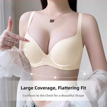 Bešiu siūlų liemenėlė su minkštu plieno žiedu, pilno puodelio, plonas formuotas puodelis, push-up palaikymas, nailoninis audinys, fiksuotos dvigubos petnešos, nugaros trijų eilių sagčių