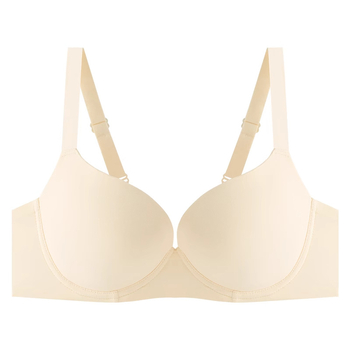 Bešiu siūlų liemenėlė su minkštu plieno žiedu, pilno puodelio, plonas formuotas puodelis, push-up palaikymas, nailoninis audinys, fiksuotos dvigubos petnešos, nugaros trijų eilių sagčių