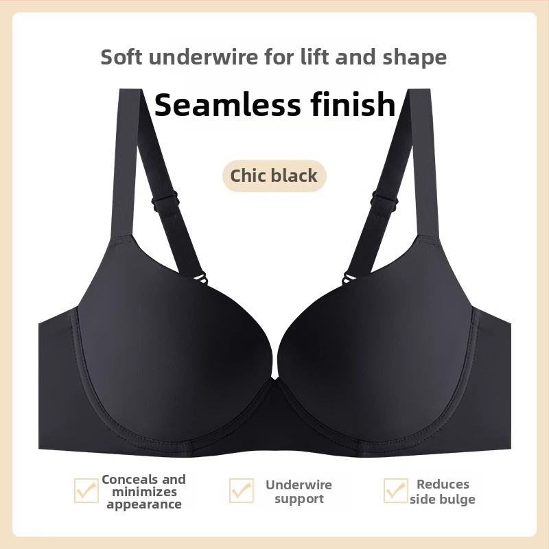 Bešiu siūlų liemenėlė su minkštu plieno žiedu, pilno puodelio, plonas formuotas puodelis, push-up palaikymas, nailoninis audinys, fiksuotos dvigubos petnešos, nugaros trijų eilių sagčių