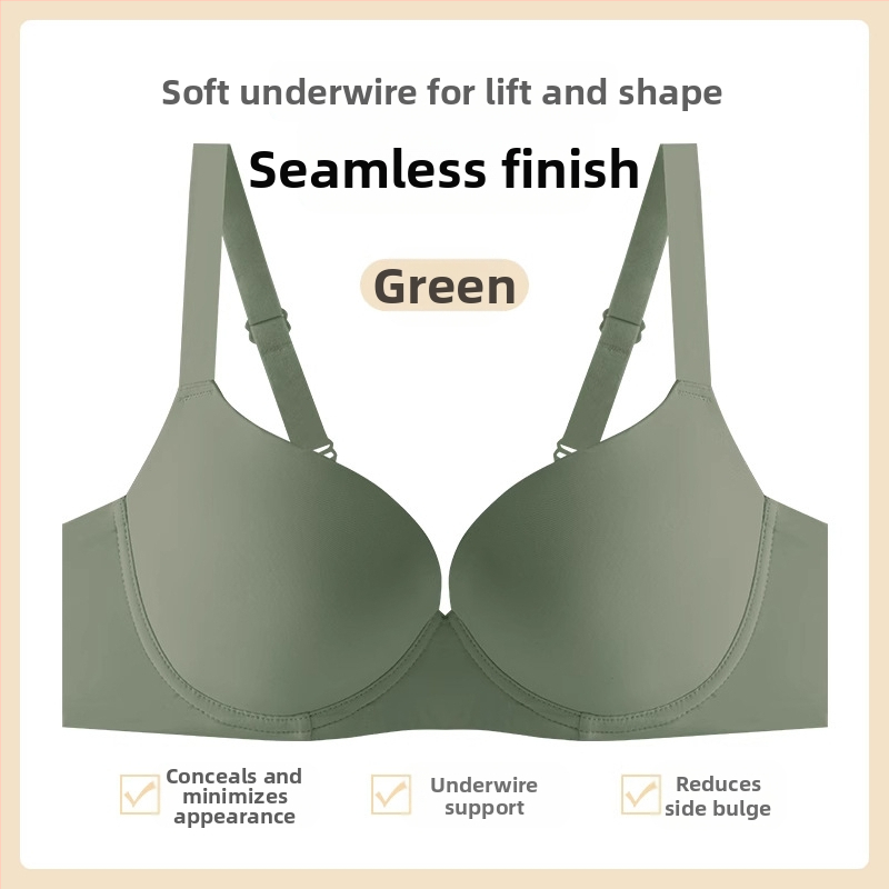 Bešiu siūlų liemenėlė su minkštu plieno žiedu, pilno puodelio, plonas formuotas puodelis, push-up palaikymas, nailoninis audinys, fiksuotos dvigubos petnešos, nugaros trijų eilių sagčių