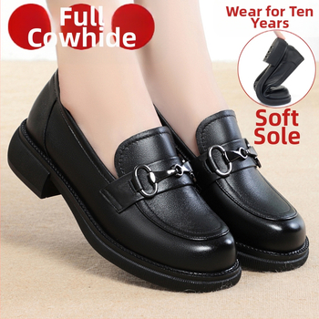 PU odiniai moterų loafersai su apvalia nosimi, storas kulnas 6–8 cm, guminis padas