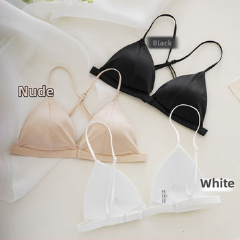 Liemenėlė su trikampiais puodeliais, prancūziško stiliaus satinas, priekinė sagtis, plonos petnešėlės, be siūlių, kvėpuojanti