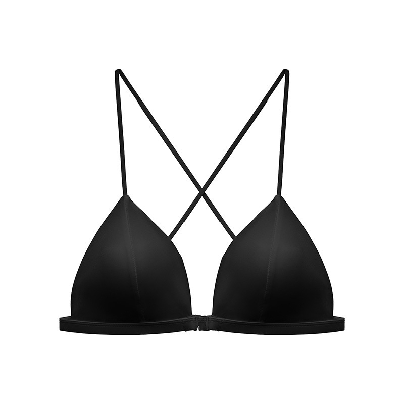 Liemenėlė su trikampiais puodeliais, prancūziško stiliaus satinas, priekinė sagtis, plonos petnešėlės, be siūlių, kvėpuojanti