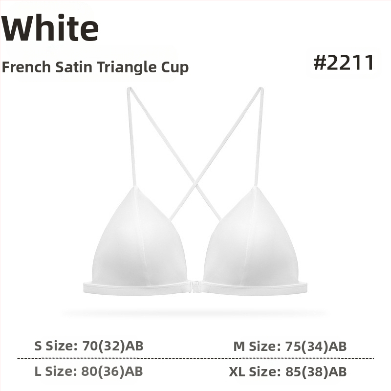 Liemenėlė su trikampiais puodeliais, prancūziško stiliaus satinas, priekinė sagtis, plonos petnešėlės, be siūlių, kvėpuojanti