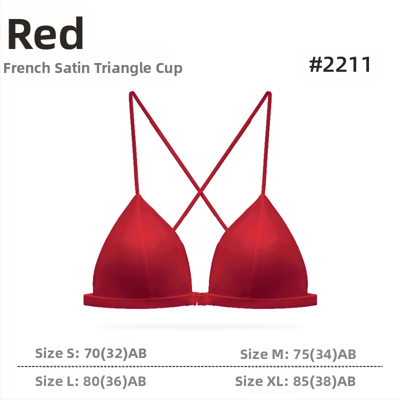 Liemenėlė su trikampiais puodeliais, prancūziško stiliaus satinas, priekinė sagtis, plonos petnešėlės, be siūlių, kvėpuojanti