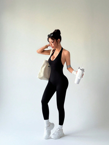 Fanluowei Greitai džiūstantis, be siūlių vienos dalies jogos kostiumas su halterneck kaklu ir atvira nugara, moterims, 90% nailonas + 10% spandekso