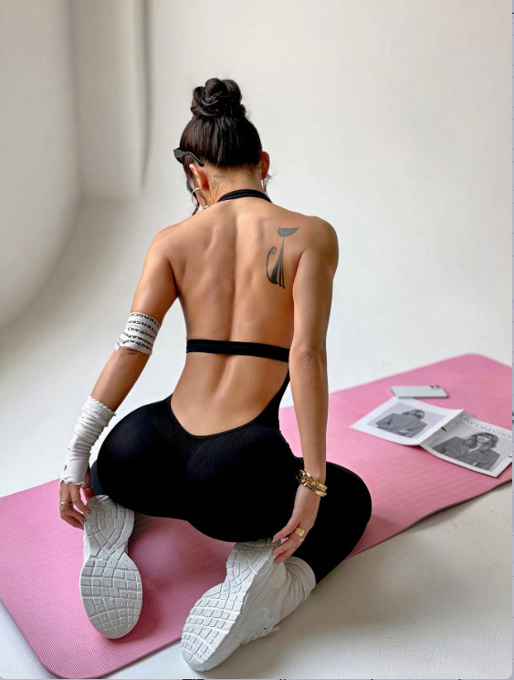 Fanluowei Greitai džiūstantis, be siūlių vienos dalies jogos kostiumas su halterneck kaklu ir atvira nugara, moterims, 90% nailonas + 10% spandekso