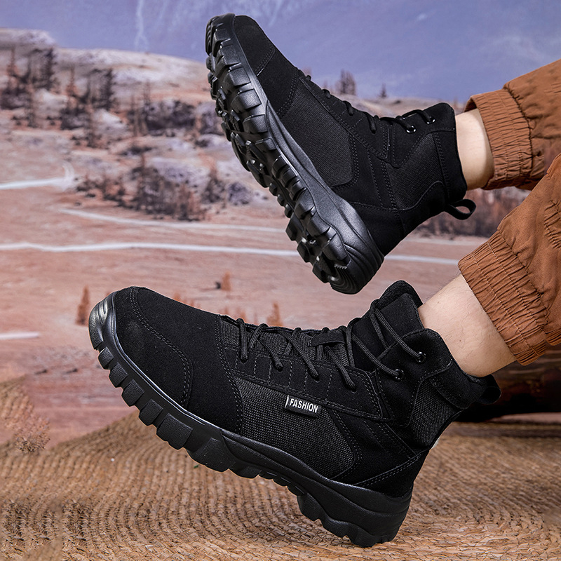 Aukštos viršutinės lauko kariški batai žygiams - anti-slip padas, kulno aukštis 3–5 cm, viršus: sintetinė oda + drobė, padas klijuota guma, rudens 2024 leidimas