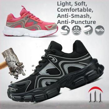 Anbaili moterų saugūs batai su plieniniu pirštu, Flyknit viršus, atsparūs smūgiams ir prasiskverbimui, žemas kulkšnies dizainas