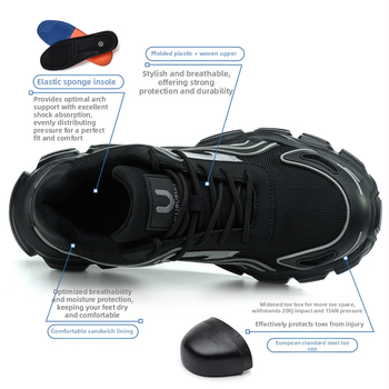 Anbaili moterų saugūs batai su plieniniu pirštu, Flyknit viršus, atsparūs smūgiams ir prasiskverbimui, žemas kulkšnies dizainas