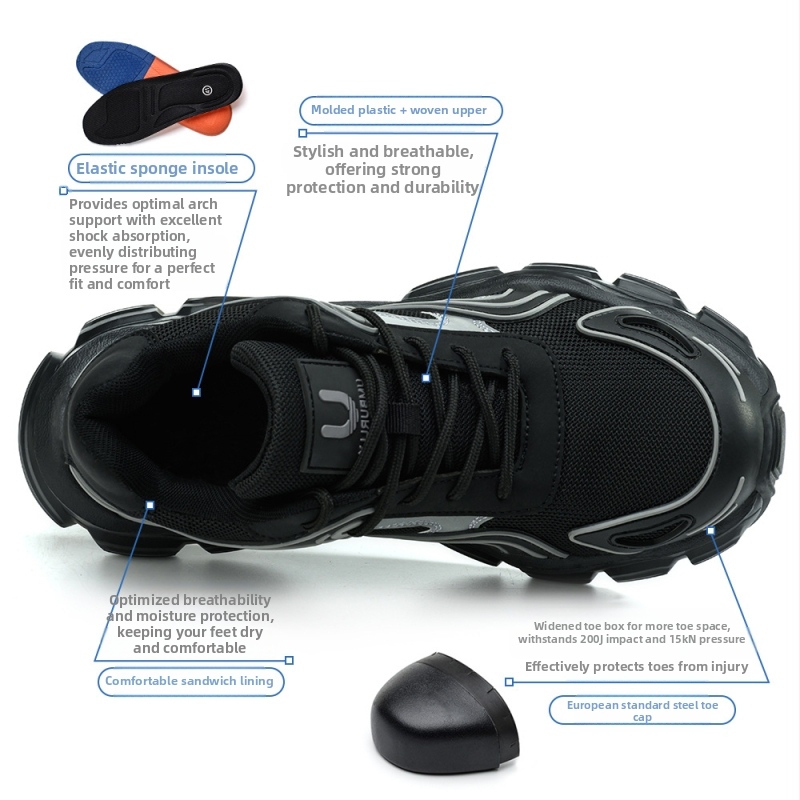 Anbaili женски обувки за безопасност със стоманен носок, Flyknit горна част, против удар и пробив, с нисък глезен профил
