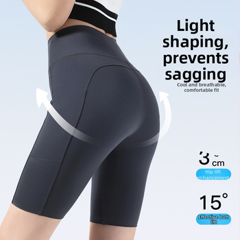 Moterų dviračių/jogos tamprės kelnaitės su šoninėmis kišenėmis, plonas nailono-spandekso audinys, aukšta elastė, pilvo kontrolė ir sėdmenų pakėlimas