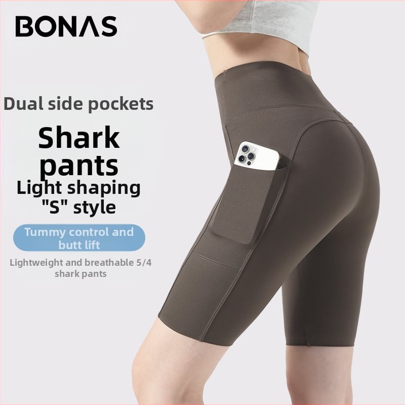 Moterų dviračių/jogos tamprės kelnaitės su šoninėmis kišenėmis, plonas nailono-spandekso audinys, aukšta elastė, pilvo kontrolė ir sėdmenų pakėlimas