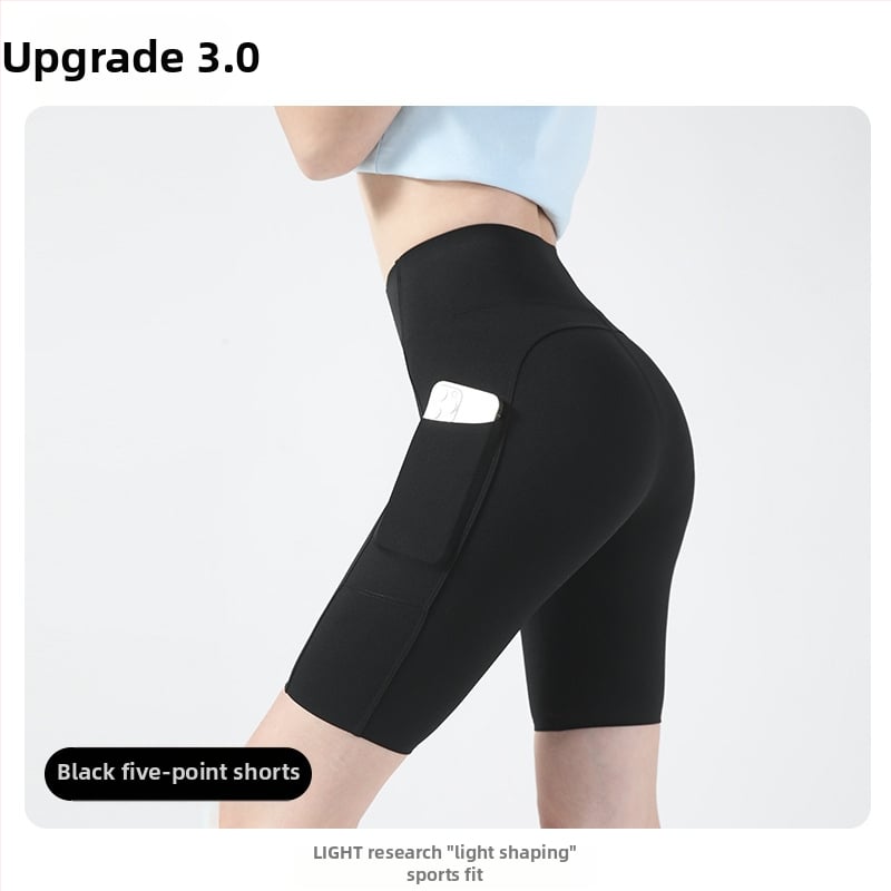 Moterų dviračių/jogos tamprės kelnaitės su šoninėmis kišenėmis, plonas nailono-spandekso audinys, aukšta elastė, pilvo kontrolė ir sėdmenų pakėlimas