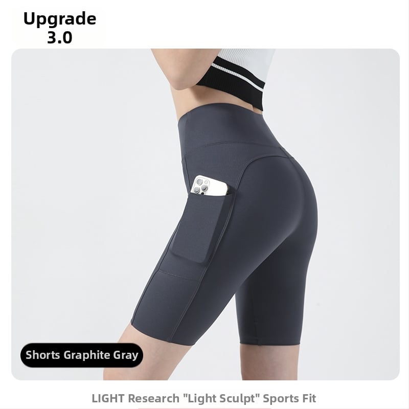 Moterų dviračių/jogos tamprės kelnaitės su šoninėmis kišenėmis, plonas nailono-spandekso audinys, aukšta elastė, pilvo kontrolė ir sėdmenų pakėlimas