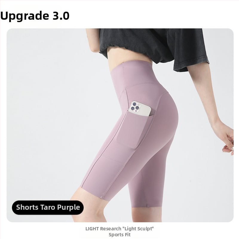 Moterų dviračių/jogos tamprės kelnaitės su šoninėmis kišenėmis, plonas nailono-spandekso audinys, aukšta elastė, pilvo kontrolė ir sėdmenų pakėlimas