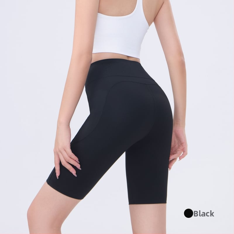 Moterų dviračių/jogos tamprės kelnaitės su šoninėmis kišenėmis, plonas nailono-spandekso audinys, aukšta elastė, pilvo kontrolė ir sėdmenų pakėlimas