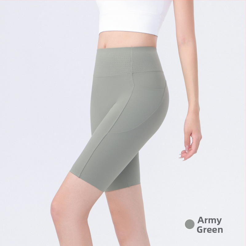 Moterų dviračių/jogos tamprės kelnaitės su šoninėmis kišenėmis, plonas nailono-spandekso audinys, aukšta elastė, pilvo kontrolė ir sėdmenų pakėlimas