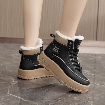 Moteriški žieminiai batai su fliso įdėklu, vidutinio aukščio, Korejos stiliaus, PU viršus, gumos padas