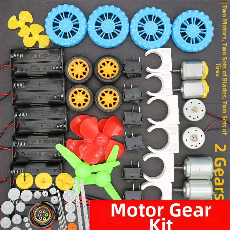 B medžiagų rinkinys, apie 140 komponentų: pavarų variklis, baterijų dėžutė, ratų modelio rinkinys