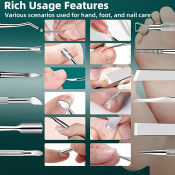 10 gabalu nerūsējošā tērauda nagu un pēdu kopšanas rīku komplekts, paredzēts mirušas ādas un kalus noņemšanai, iekļauj nagu griezēju, komēdo adatu un tīrīšanas rīku