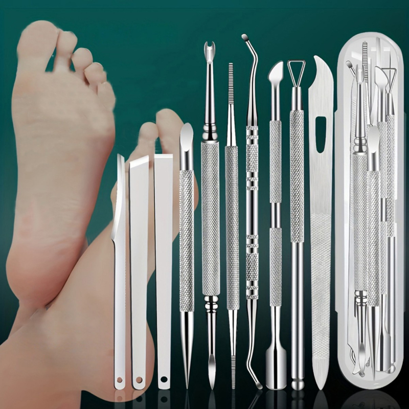 10 gabalu nerūsējošā tērauda nagu un pēdu kopšanas rīku komplekts, paredzēts mirušas ādas un kalus noņemšanai, iekļauj nagu griezēju, komēdo adatu un tīrīšanas rīku