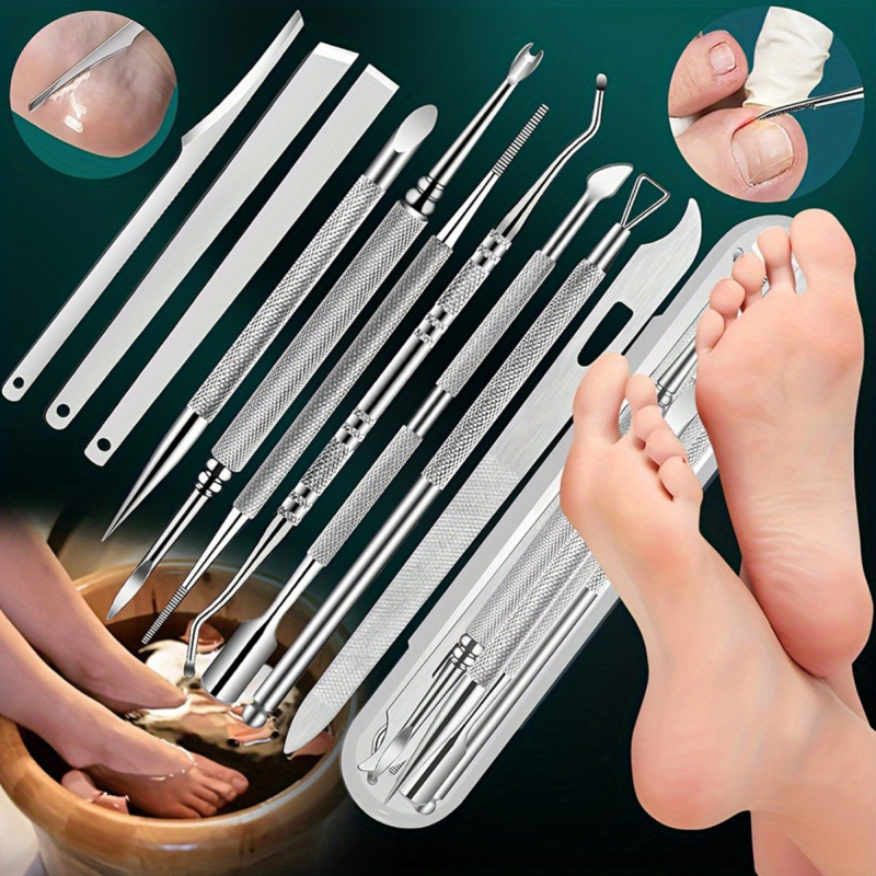 10 gabalu nerūsējošā tērauda nagu un pēdu kopšanas rīku komplekts, paredzēts mirušas ādas un kalus noņemšanai, iekļauj nagu griezēju, komēdo adatu un tīrīšanas rīku